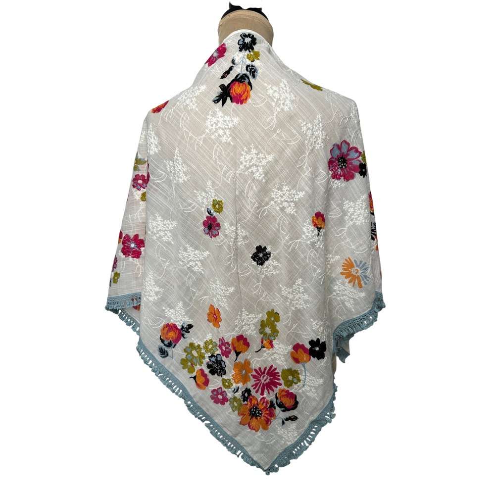 J Jill Scarf Cream Floral Embroidered Cotton Blue Fringe Trim Triangle Wrap OS
